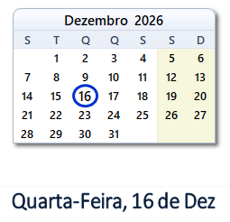 16 Dezembro 2026 calendario