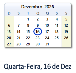 16 Dezembro 2026 calendario