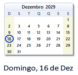 16 Dezembro 2029 calendario