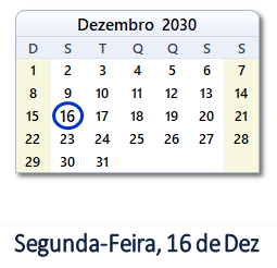 16 Dezembro 2030 calendario