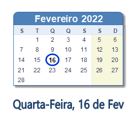 16 Fevereiro 2022 calendario