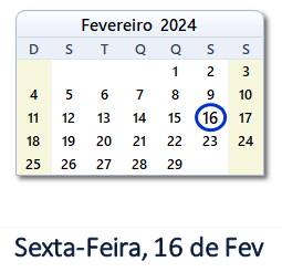 16 Fevereiro 2024 calendario