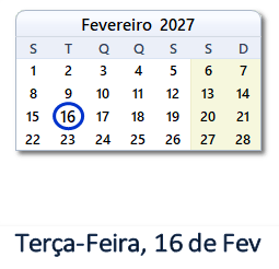 16 Fevereiro 2027 calendario