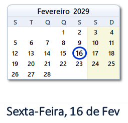 16 Fevereiro 2029 calendario