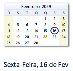 16 Fevereiro 2029 calendario