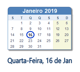 16 Janeiro 2019 calendario
