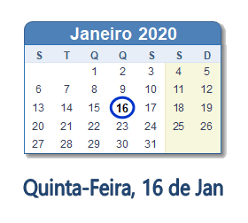 16 Janeiro 2020 calendario