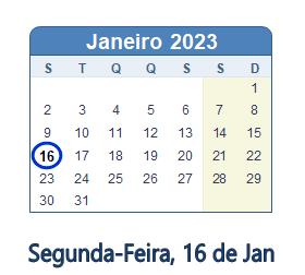 16 Janeiro 2023 calendario