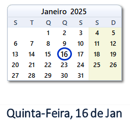 16 Janeiro 2025 calendario