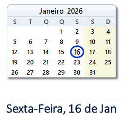 16 Janeiro 2026 calendario