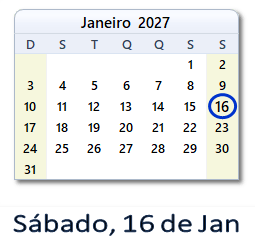 16 Janeiro 2027 calendario