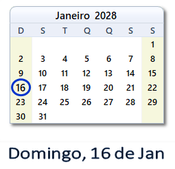 16 Janeiro 2028 calendario