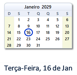 16 Janeiro 2029 calendario