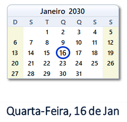 16 Janeiro 2030 calendario