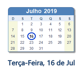 16 Julho 2019 calendario