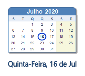 16 Julho 2020 calendario