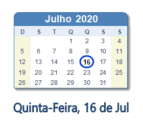 16 Julho 2020 calendario