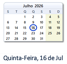 16 Julho 2026 calendario