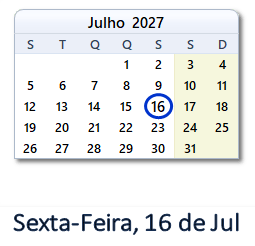 16 Julho 2027 calendario