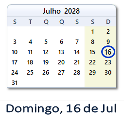 16 Julho 2028 calendario