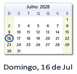 16 Julho 2028 calendario