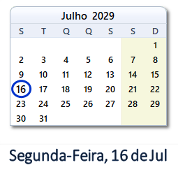 16 Julho 2029 calendario