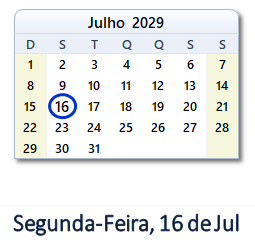 16 Julho 2029 calendario
