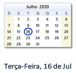 16 Julho 2030 calendario