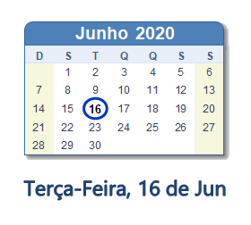 16 Junho 2020 calendario