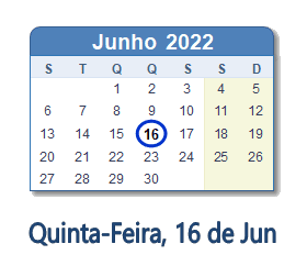 16 Junho 2022 calendario