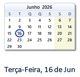 16 Junho 2026 calendario