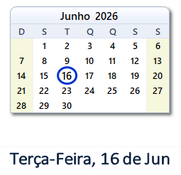 16 Junho 2026 calendario
