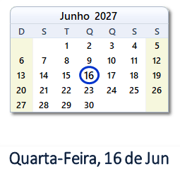 16 Junho 2027 calendario