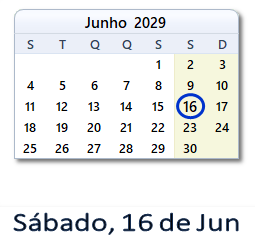16 Junho 2029 calendario