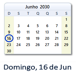 16 Junho 2030 calendario