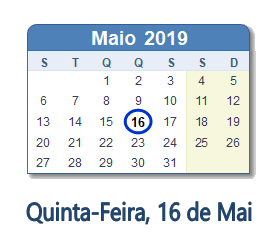 16 Maio 2019 calendario