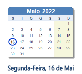 16 Maio 2022 calendario