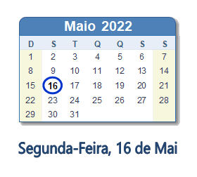 16 Maio 2022 calendario