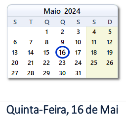 16 Maio 2024 calendario