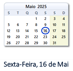 16 Maio 2025 calendario