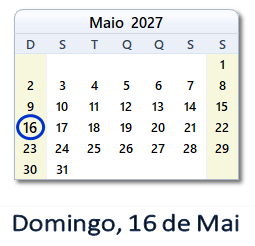 16 Maio 2027 calendario