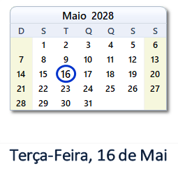 16 Maio 2028 calendario