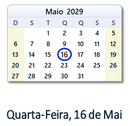 16 Maio 2029 calendario