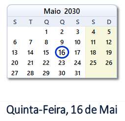 16 Maio 2030 calendario