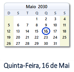 16 Maio 2030 calendario