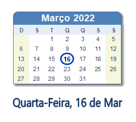 16 Março 2022 calendario
