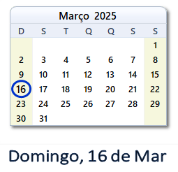 16 Março 2025 calendario