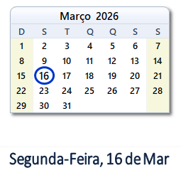 16 Março 2026 calendario
