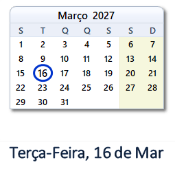 16 Março 2027 calendario