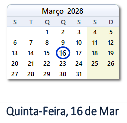 16 Março 2028 calendario